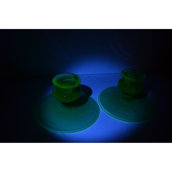 Vtg Pair Uranium Glass Candlestick Holders Green Depression Glass - Picture 9 of 11